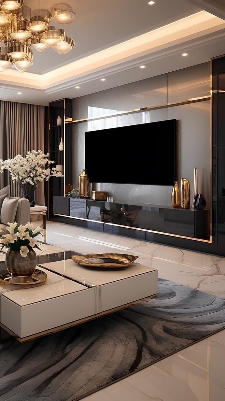 Gold accented living space with a marble media wall