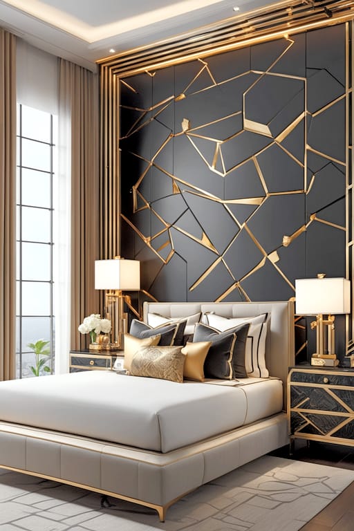 Bedroom with sculptural gold and charcoal feature wall