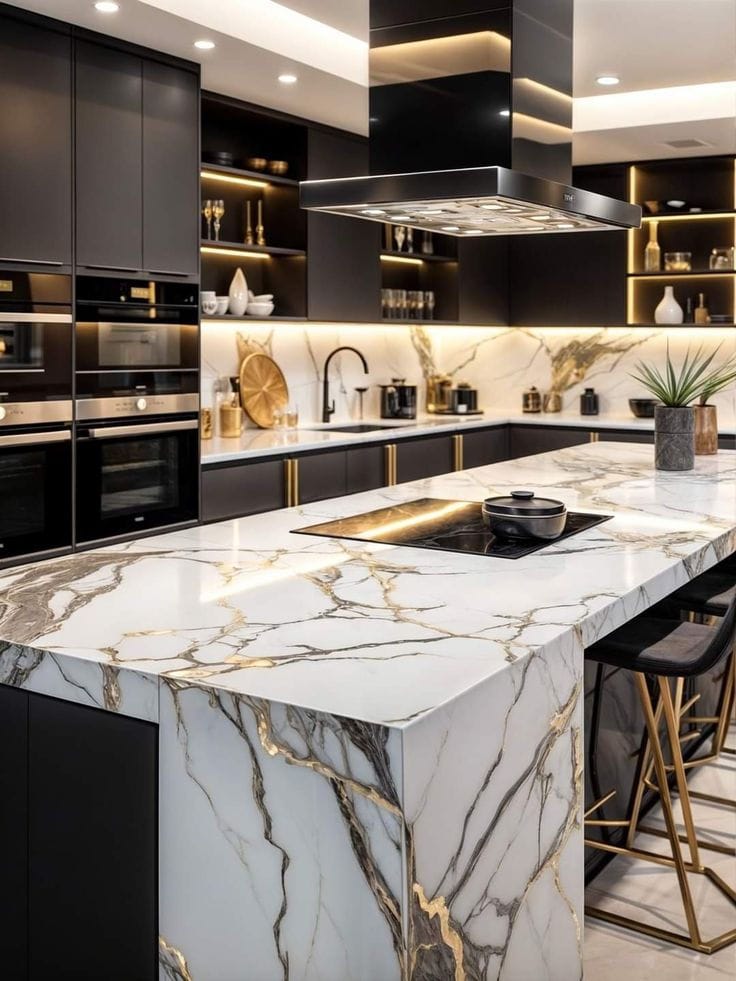 Kitchen with veined marble island and black cabinetry